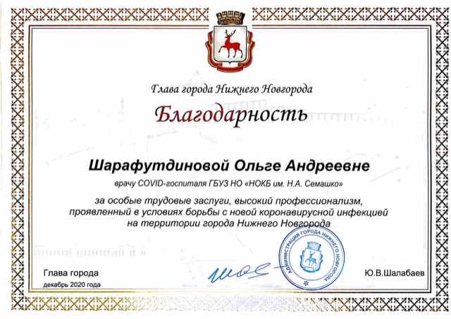 Благодарность Главы города Нижнего Новгорода, 2020