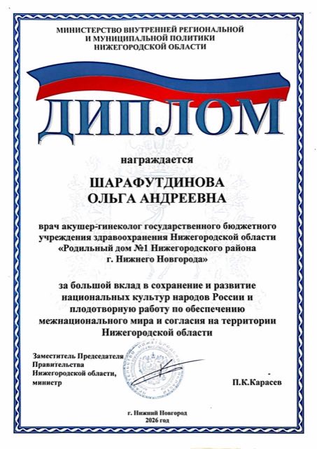 Диплом Министерства внутренней региональной и муниципальной политики Нижегородской области, 2026